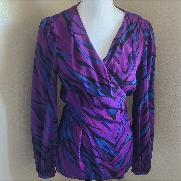 trina turk stretch silk wrap blouse long sleeve womens size M - Picture 2 of 7